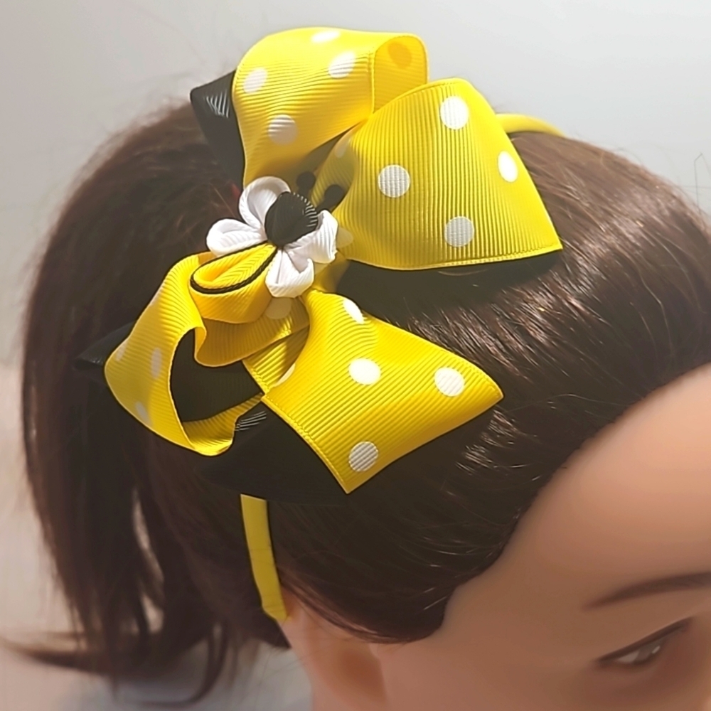 Hand Crafted Handmade Bow Hairband Yellow white polka-dot black contrast ribbon - Picture 3 of 17
